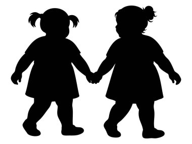 Beyaz arka planda izole edilmiş iki şişman kızın el ele tutuşması, grafik çizimi. Arkadaşlık konsepti, çocukluk, çocuklar, yürüyen çocuklar, en iyi arkadaşlar.