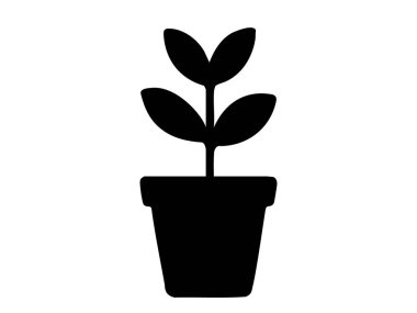 Beyaz arka planda izole edilmiş yaprakları olan bir saksı bitkisinin siyah silüeti, grafik çizimi. Bahçe işleri, iç dekorasyon, ev bitkisi, doğa, tasarım unsuru.