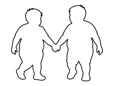 Beyaz arka planda izole edilmiş, el ele yürüyen iki kilolu çocuğun siyah ana hatları. Çocukluk, arkadaşlık, birliktelik, çocuklar, bağlanma, yürüyen çocuklar, en iyi arkadaşlar.