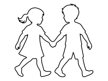 Kız ve erkeğin el ele tutuşup, beyaz arka planda izole bir şekilde yürüdüğü siyah bir taslak. Çocukluk konsepti, arkadaşlık, masumiyet, yürüyen çocuklar, en iyi arkadaşlar.