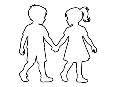 Beyaz arka planda el ele tutuşan kız ve erkek çocuk çizgisi, grafik çizimi. Arkadaşlık, çocukluk, bağlantı, çocuklar, ikon, yürüyen çocuklar, en iyi arkadaşlar, erkek ve kız kardeşler.