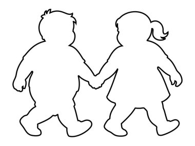 Şişman erkek ve kızın el ele tutuşup birlikte yürüdüğü, beyaz arka planda izole edilmiş, grafik çizimi. Çocukluk konsepti, arkadaşlık, yürüyen çocuklar, en iyi arkadaşlar.