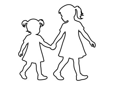 Siyah çizgili iki kız yürürken el ele tutuşuyor, beyaz arka planda izole edilmiş, resimli. Arkadaşlık kavramı, kardeşler, aile, çocukluk, bağ, yürüyen çocuklar, en iyi arkadaşlar.