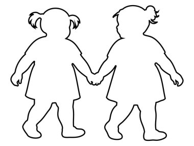 Beyaz arka planda izole edilmiş iki şişman kızın el ele tutuşması, grafik çizimi. Arkadaşlık konsepti, çocukluk, çocuklar, yürüyen çocuklar, en iyi arkadaşlar.