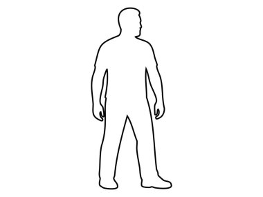 Beyaz arka planda izole edilmiş tam güçte duran yetişkin bir adamın siyah ana hatlı simgesi. Genç yetişkin erkek kavramı, fiziksel sağlık, olgun erkeklik, illüstrasyon, erkek figürü, tasarım öğesi.