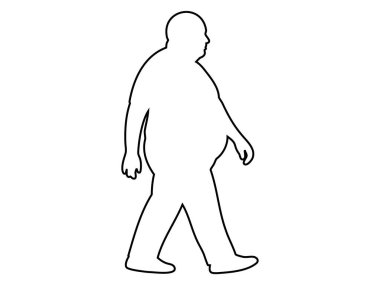 Beyaz arka planda yürüyen kilolu orta yaşlı bir adamın siyah ana hatlı simgesi. Yaşlanma kavramı, olgun yetişkin erkek, vücut çeşitliliği, insan figürü, tasarım ögesi, minimalist tarz, hareket.