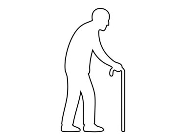 Beyaz arka planda izole edilmiş bastonla yürüyen yaşlı bir adamın siyah ana hatlı simgesi. Üst düzey yetişkin kavramı, yaşlanma, emeklilik hayatı, fiziksel destek, grafik illüstrasyon, tasarım unsuru.