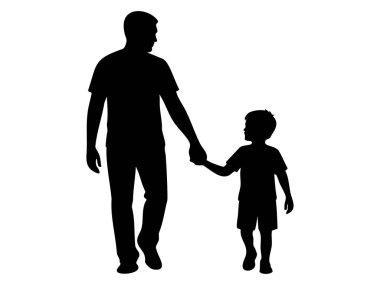 Beyaz arka planda izole edilmiş, çocuk çocukla el ele yürüyen bir adamın siyah silüeti. Grafik çizimi. Baba ve oğul kavramı, aile, bağ, arkadaşlık, tasarım unsuru.