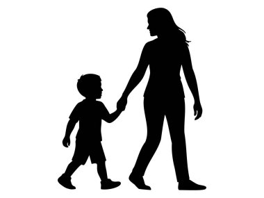 Siyah siluet, beyaz arka planda izole bir şekilde yürürken çocuk oğlanın elini tutan kadın. Aile kavramı, anne ve oğul, annelik, ebeveynlik, bağlılık, birliktelik, tasarım unsuru.