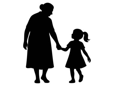 Siyah siluet, beyaz arka planda izole edilmiş, resimli, çocuk kızla el ele yürüyen yaşlı bir kadın. Aile kavramı, bağ, büyükanne ve torun, bakım, yaşlanma.