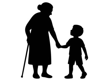 Yaşlı bir kadının siyah silueti, çocuk çocukla yürüyor, el ele tutuşuyor, beyaz arka planda izole edilmiş, grafik çizimleri var. Aile kavramı, ilgi, sevgi, büyükanne ve torun, ikon.