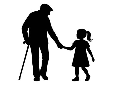 Siyah siluet, beyaz arka planda izole edilmiş, çocuk kızla el ele yürüyen yaşlı bir adam. Aile bağı, nesiller arası bağ, bakım, sevgi, büyükbaba ve torun kavramı.