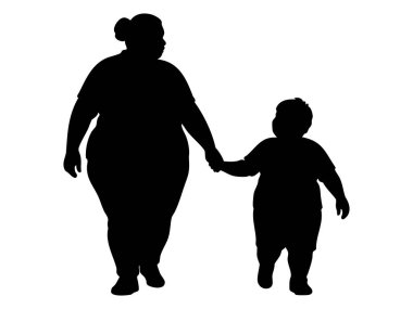 Şişman bir kadının siyah silueti çocuk ile yürüyor, el ele tutuşuyor, beyaz arka planda soyutlanmış. Anne-oğul kavramı, aile, ebeveyn-çocuk bağı, birliktelik, sevgi, tasarım unsuru.