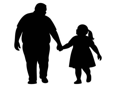 Şişman bir adamın siyah silueti çocuk kızla el ele yürüyor, beyaz arka planda izole edilmiş, resimli. Aile kavramı, babalık, bağlılık, baba ve kız, birliktelik..