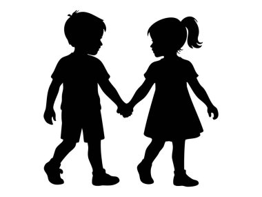 Siyah siluet, beyaz arka planda el ele tutuşan kız ve erkek, grafik çizim. Arkadaşlık, çocukluk, bağlantı, çocuklar, ikon, yürüyen çocuklar, en iyi arkadaşlar, erkek ve kız kardeşler.