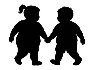 Şişman kız ve erkeğin siyah silueti el ele tutuşup yürüyor, beyaz arka planda izole edilmiş, grafik çizimi. Arkadaşlık, çocukluk, bağ, yürüyen çocuklar, en iyi arkadaşlar.