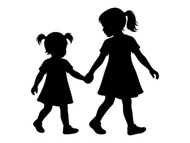Siyah siluet iki kızın el ele tutuşması, beyaz arka planda izole edilmiş, resimli. Arkadaşlık kavramı, kardeşler, aile, çocukluk, bağ, yürüyen çocuklar, en iyi arkadaşlar.