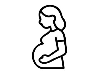 Yan profildeki siyah hatlı hamile kadın, beyaz arka planda izole edilmiş, grafik çizimi. Annelik kavramı, annelik, annelik, ikon, tasarım unsuru.