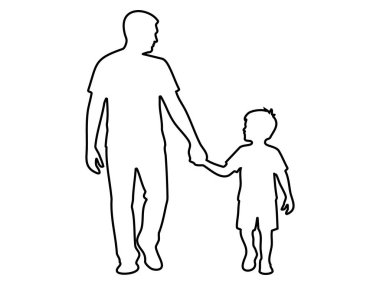 Beyaz arka planda izole edilmiş, çocuk çocukla el ele yürüyen bir adamın tasviri, grafik çizimi. Baba ve oğul kavramı, aile, bağ, arkadaşlık, tasarım unsuru.