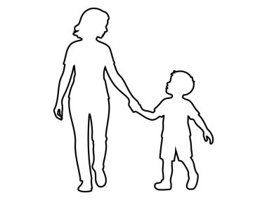 Beyaz arka planda izole edilmiş, bir çocukla yürüyen siyah bir kadın tasviri, grafik çizimi. Ebeveyn, anne ve oğul kavramı, aile bağı, şefkat, annelik, tasarım unsuru.