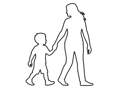 Kadın, beyaz arka planda izole bir şekilde yürürken çocuğun elini tutuyor. Aile kavramı, anne ve oğul, annelik, ebeveynlik, bağlılık, birliktelik, tasarım unsuru.