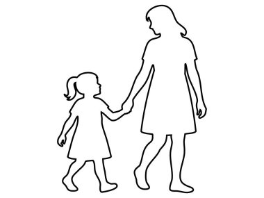 Siyah hatlı, çocuk kızla el ele yürüyen, beyaz arka planda izole edilmiş, grafik çizimli bir kadın. Aile kavramı, anne ve kız, bağ, ebeveynlik, tasarım unsuru.