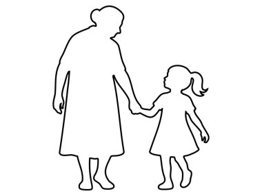 Beyaz arka planda izole edilmiş, resimli, çocuk kızla el ele yürüyen yaşlı bir kadının siyah çizgisi. Aile kavramı, bağ, büyükanne ve torun, bakım, yaşlanma.