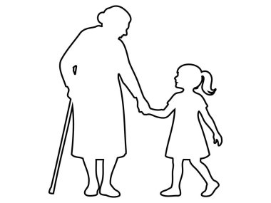 Beyaz arka planda izole edilmiş, dokunaklı bir yerde, kız çocuğunun elini tutan yaşlı bir kadının ana hatları. Aile kavramı, nesiller boyu sevgi, ilgi, büyükanne ve torun, kaynaşma..