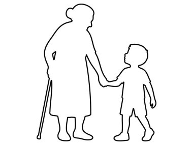 Beyaz arka planda izole edilmiş, çocuk çocukla yürüyen, el ele tutuşan yaşlı bir kadının resmi. Aile kavramı, ilgi, sevgi, büyükanne ve torun, ikon.