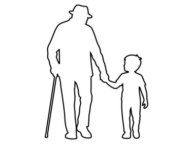 Siyah çizgili, bastonlu yaşlı bir adam çocuk ile el ele tutuşuyor, beyaz arka planda izole edilmiş, resimli. Aile kavramı, nesiller boyu, bağ, bakım, büyükbaba ve torun.