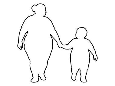 Beyaz arka planda izole edilmiş, şişman bir kadının çocuk ile yürüdüğü, el ele tutuşan siyah bir taslak. Anne-oğul kavramı, aile, ebeveyn-çocuk bağı, birliktelik, sevgi, tasarım unsuru.