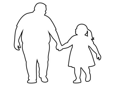Beyaz arka planda izole edilmiş, çocuk kızla el ele yürüyen şişman bir adamın çizimi. Aile kavramı, babalık, bağlılık, baba ve kız, birliktelik..
