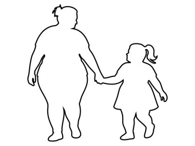 Beyaz arka planda izole edilmiş, şişman bir kadının çocuk kızla el ele tutuşması, grafik çizimi. Aile kavramı, arkadaşlık, ebeveynlik, bağlantı, anne ve kız.