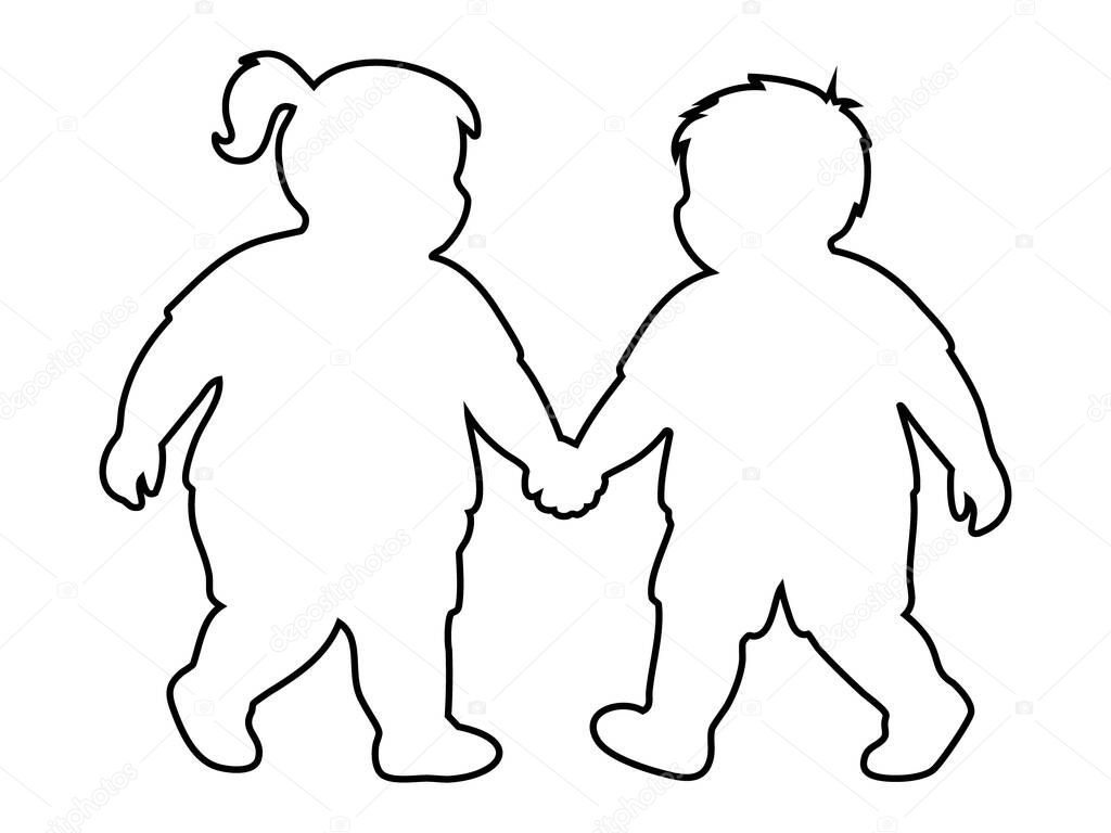 Black outline of overweight girl and boy holding hands and walking, isolated on white background, graphic illustration. concept of friendship, childhood, bonding, walking children, best friends.