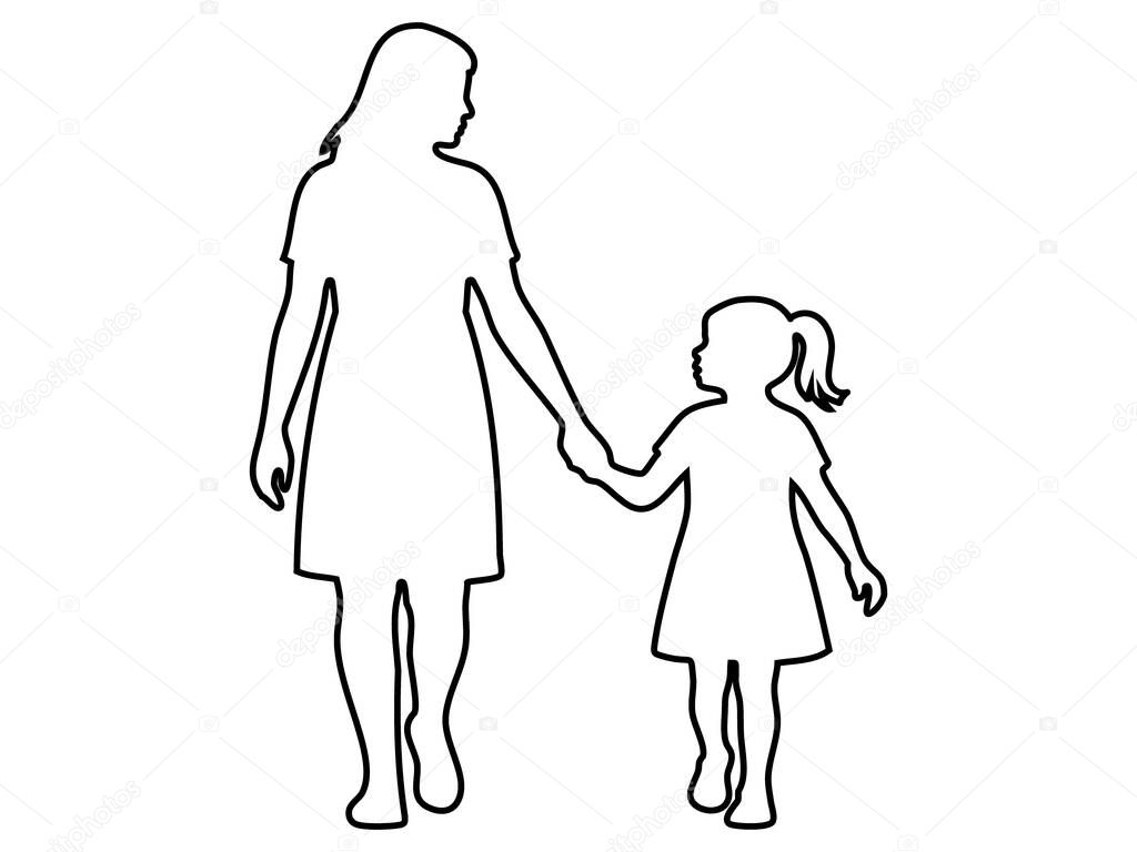 Black outline of woman walking holding hand of child girl, isolated on white background, graphic illustration. concept of family, mother and daughter bond, parenting, design element.