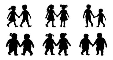 Eşler halinde yürüyen, beyaz arka planda izole edilmiş bir grup çocuk silueti, grafik çizimler. çocukluk, arkadaşlık, erkekler, kızlar, sosyal, oyuncu etkileşim, ikon, tasarım ögesi.