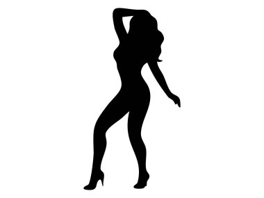 Beyaz arka planda izole edilmiş dans eden bir kadının siyah silüeti. Grafik çizimi. Kadın dansçı konsepti, zarif duruş, sanatsal hareket, ikon, tasarım unsuru.