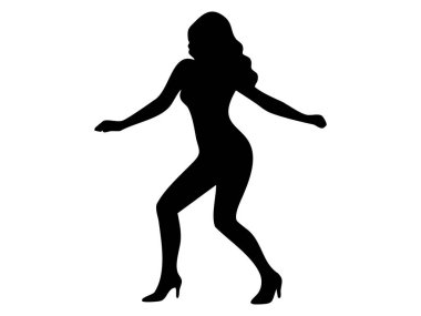 Beyaz arka planda izole edilmiş, zarif pozlarda dans eden bir kadının siyah silüeti. Grafik çizimi. dans konsepti, zarafet, hareket, performans, sanat, tasarım unsuru.