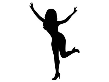 Siyah siluet dans eden bir kadın, kaldırılmış kolları ve kaldırılmış bir bacağı, beyaz arka planda izole edilmiş, grafik resimli. Dans, kutlama, hareket, simge, logo, tasarım ögesi konsepti.
