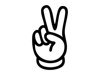 Beyaz arka planda izole edilmiş siyah çizgi barış işareti el hareketi ikonu. Zafer sembolü kavramı, iki parmak, dostça iletişim, olumlu mesaj, insan hareketi, vektör illüstrasyonu.