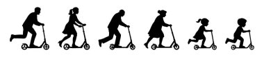 Farklı yaşlardaki insanların siyah siluet simgeleri beyaz arka planda izole edilmiş scooterlara biniyor. Çeşitli erkekler, kadınlar, kız, erkek, erkek, açık hava aktivitesi, sağlıklı yaşam tarzı, çocukluktan yaşlılara eğlence.