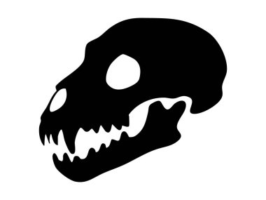 Keskin dişleri olan siyah bir kafatası silueti, beyaz arka planda izole edilmiş, grafik çizimi. Kedi anatomisi, korku tasarımı, gotik hayvan sembolü, dövme unsuru, cadılar bayramı dekoru..