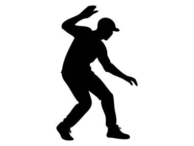 Dansçı adamın dinamik pozdaki siyah silueti, beyaz arka planda izole edilmiş, grafik çizimi. dans, hareket, sokak sanatı, simge, tasarım ögesi konsepti.