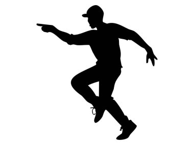 Dinamik pozlarda dans eden bir adamın silueti, beyaz arka planda izole edilmiş, grafik çizimi. dans, hareket, performans, yaratıcılık, sanat konsepti.