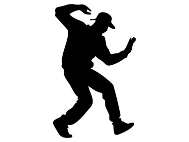 Dansçı adamın dinamik pozdaki siyah silueti, beyaz arka planda izole edilmiş, grafik çizimi. Dans, modern hareket, hip hop, sanatsal ifade.