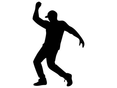 Siyah siluet dans eden adamın enerjik duruşu, beyaz arka planda izole edilmiş, grafik çizimi. Hareket, dans, sanatçı, sanat, tasarım öğesi konsepti.