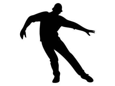 Dansçı adamın dinamik pozdaki siyah silueti, beyaz arka planda izole edilmiş, grafik çizimi. dans, hareket, sanat, ifade, tasarım ögesi.