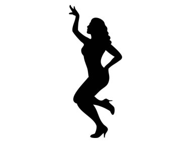 Dans eden kadının siyah silueti zarif bir şekilde poz veriyor kollarını kaldırıyor, hareket ediyor ve ifade ediyor. Dans konsepti, performans, sanat, kadınsı zarafet, neşe, beyaz arka planda izole edilmiş.