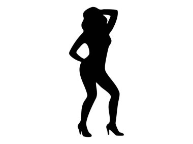 Çarpıcı pozlarda dans eden siyah bir kadının silüeti, beyaz arka planda izole edilmiş, grafik çizimi. Zarafet konsepti, kadın dansçı, vücut hareketi, simge, logo, dekor.