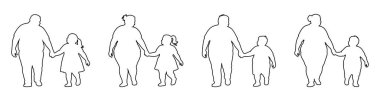 Beyaz arka planda izole edilmiş çocuklarla el ele yürüyen kilolu ebeveynlerin siyah ana hatlı simgeleri. Ebeveynlik kavramı, aile bakımı, çocuk güvenliği, yetişkinlerin çocuklarla birlikte yürümesi..